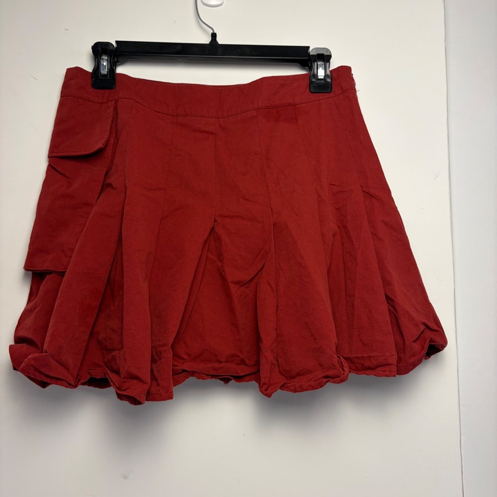 Cider Red Pleated Cargo Mini‎ Skirt Bubble Hem Side Pocket Womens Large